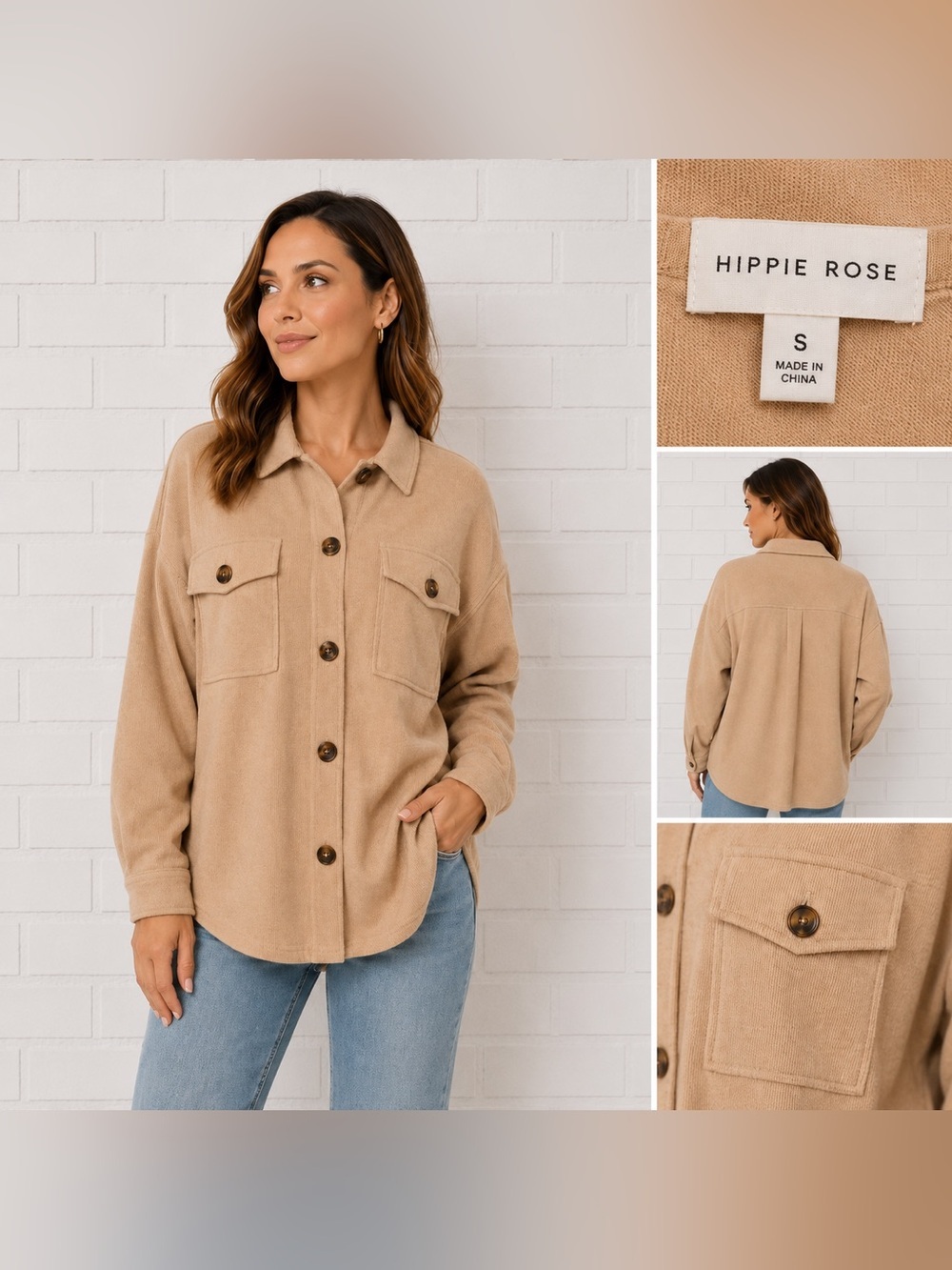 Hippie Rose Beige Ribbed Shacket Button Front Oversized Shirt Jacket Size S